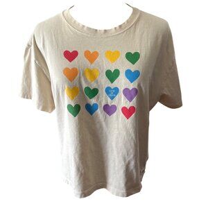 Life Is Good Crusher L Beige Cropped T-Shirt Rainbow Hearts Graphic 100% Cotton